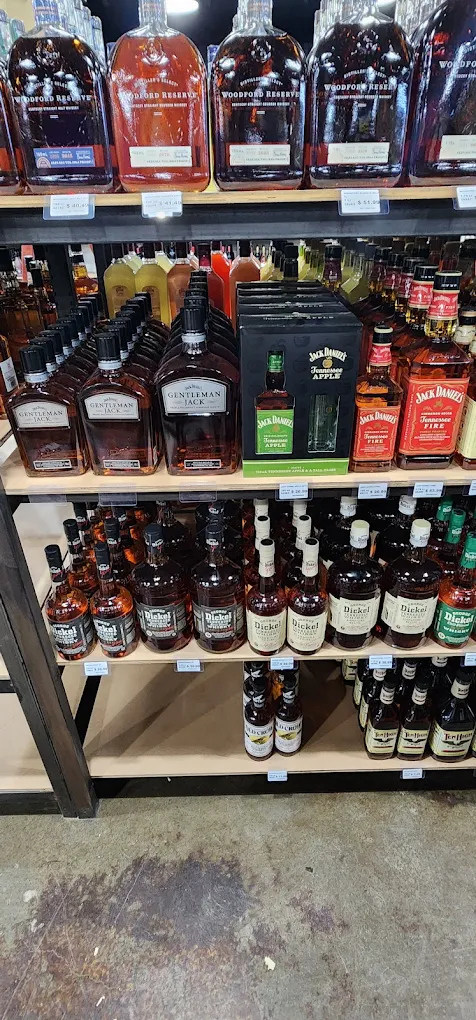 Bourbon and whiskey shelf at Trenton Liquors, a short drive from Chattanooga, TN